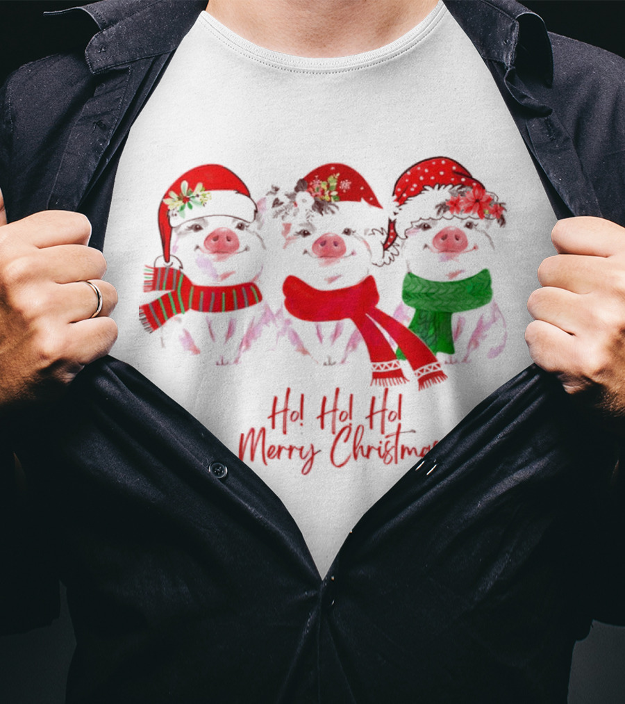Ho Ho Ho Merry Christmas Pig Trio Santa Hat T-Shirt