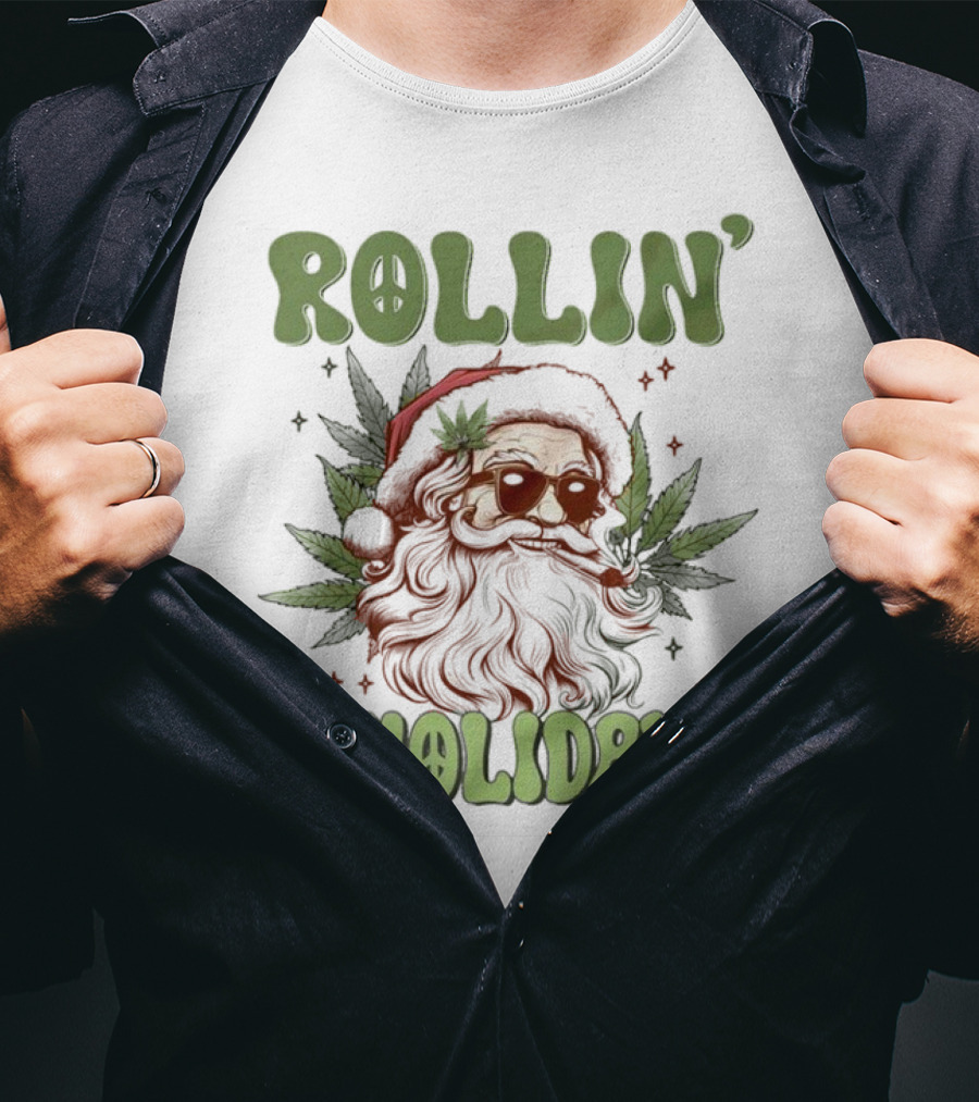 Rollin' Into The Holidays Santa Weed Christmas T-Shirt