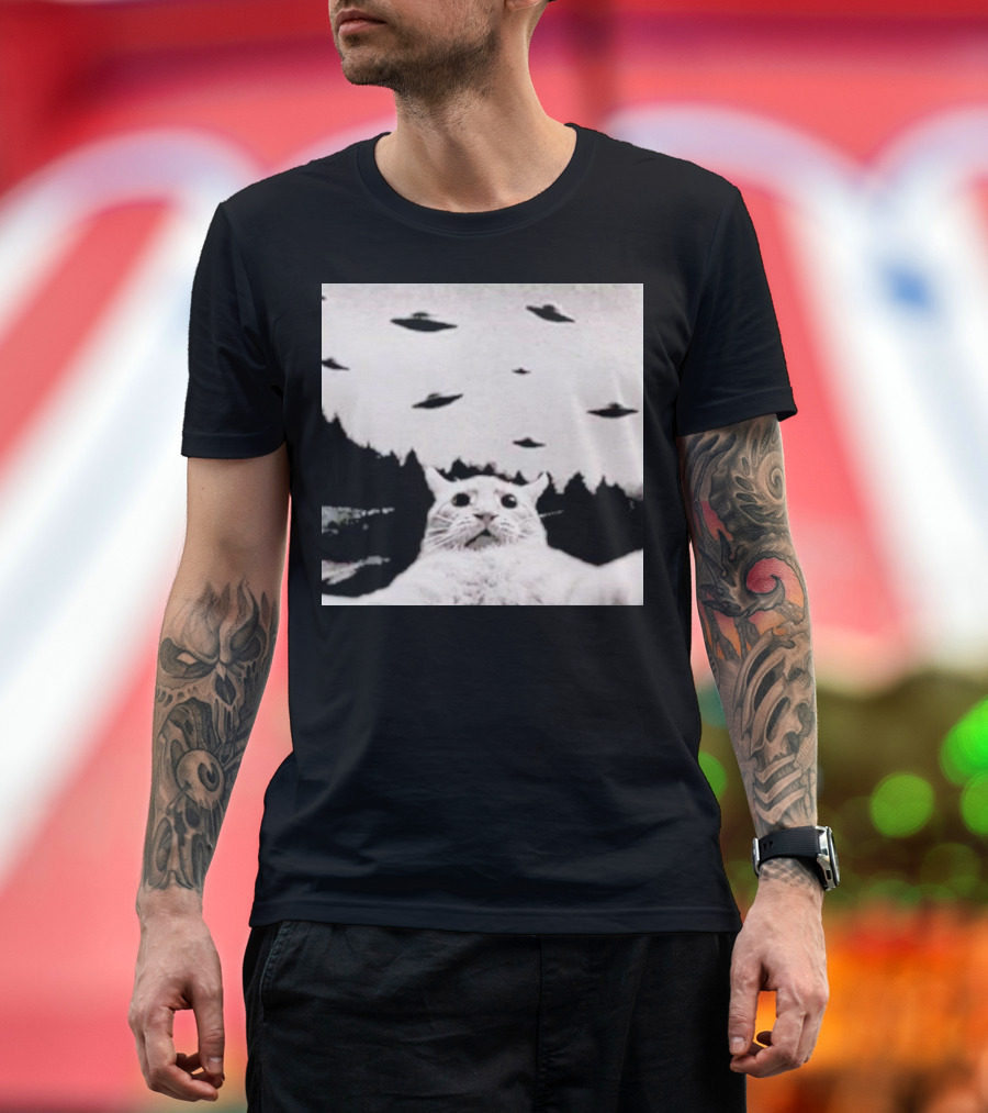 Cat Taking a Selfie UFOs Black and White Forest Background T-Shirt