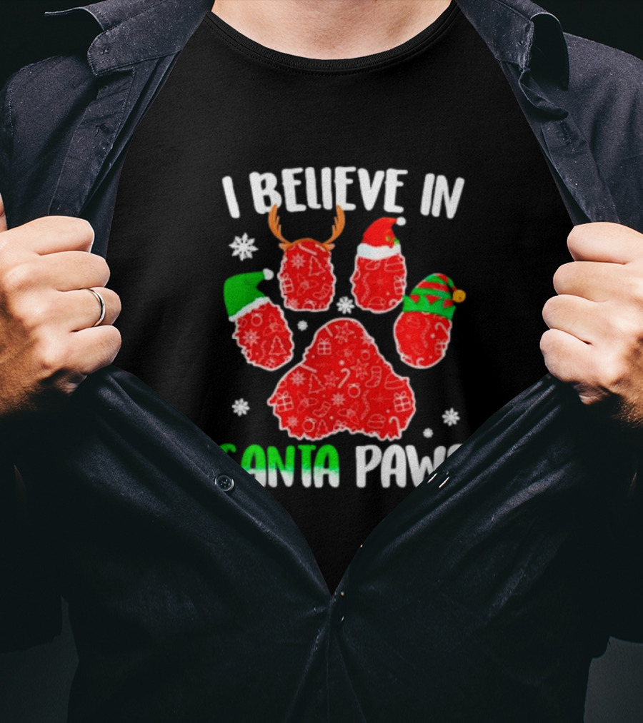 I Believe In Santa Paws With Festive Paw Prints And Hats T-Shirt