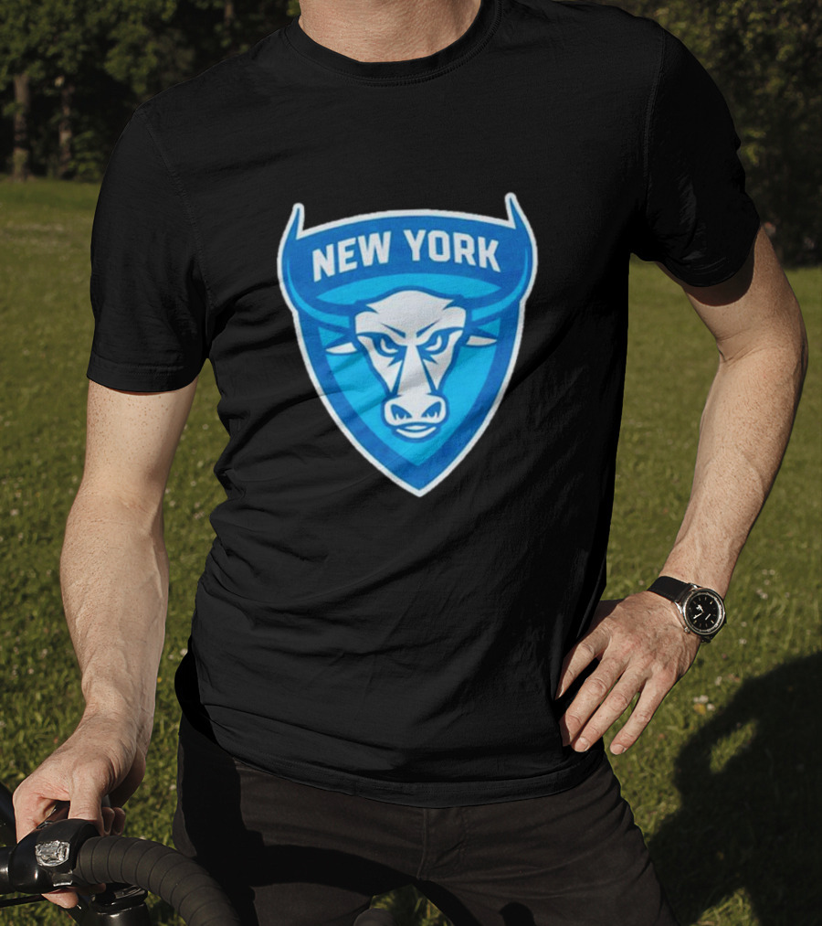 New York Atlas Bull Emblem Logo Blue Shield T-Shirt