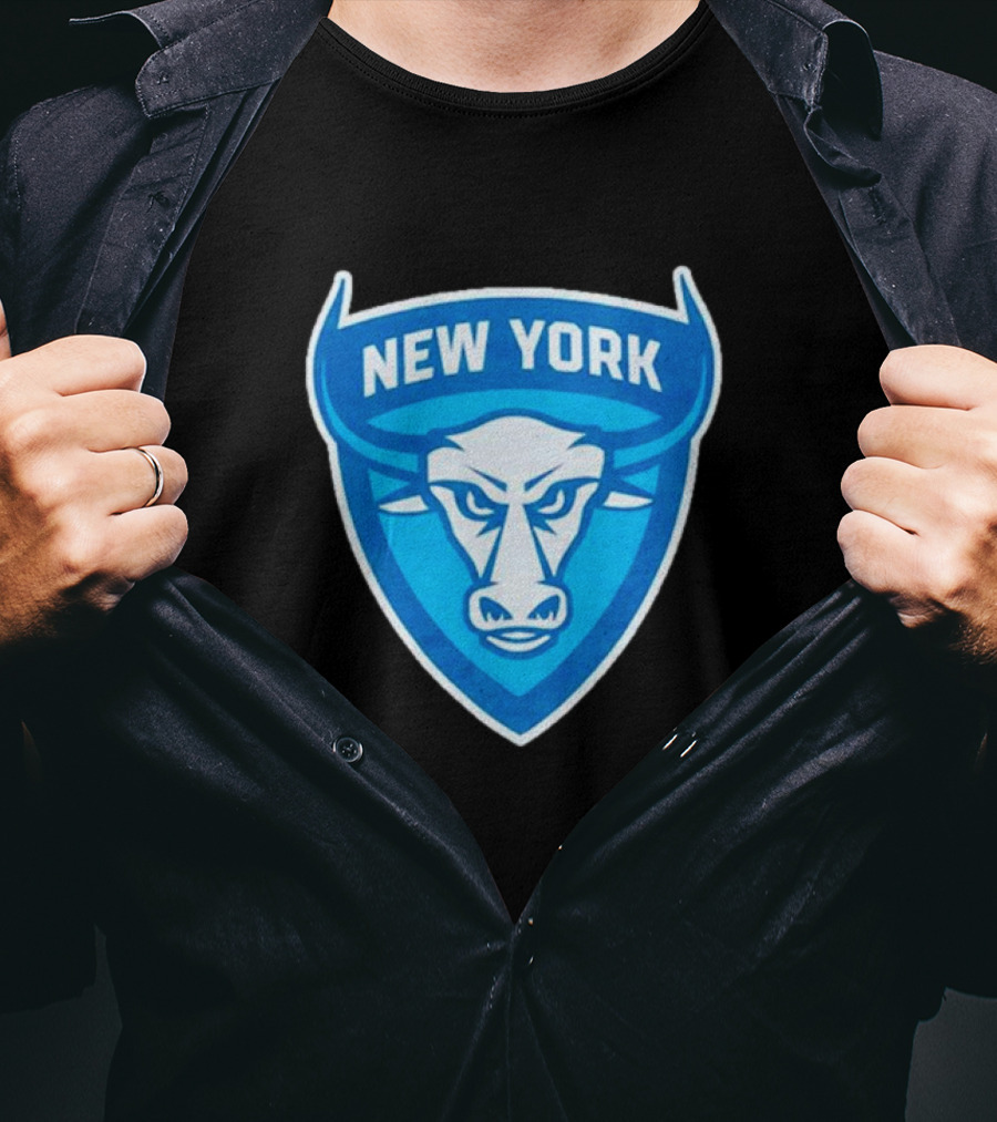 New York Atlas Bull Emblem Logo Blue Shield T-Shirt