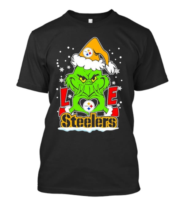 The Grinch Santa Hat Love Pittsburgh Steelers Logo Snowflakes T-Shirt