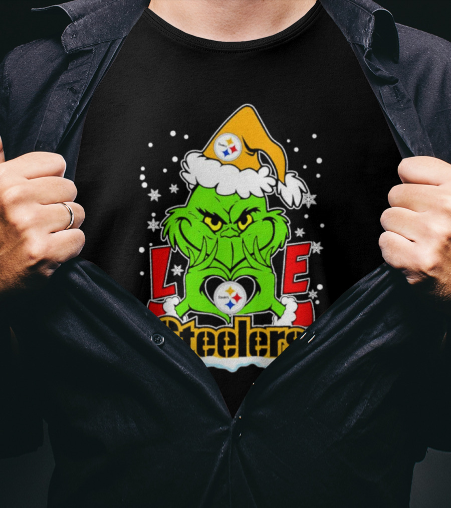 The Grinch Santa Hat Love Pittsburgh Steelers Logo Snowflakes T-Shirt