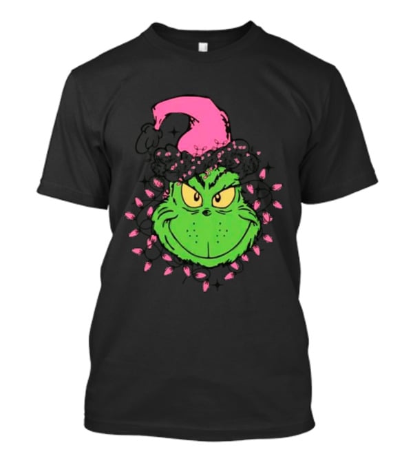 Grinch In Pink Santa Hat With Pink Christmas Lights T-Shirt
