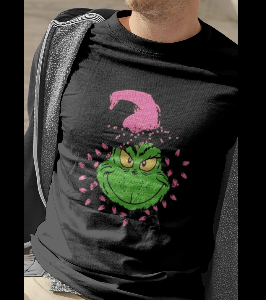 Grinch In Pink Santa Hat With Pink Christmas Lights T-Shirt