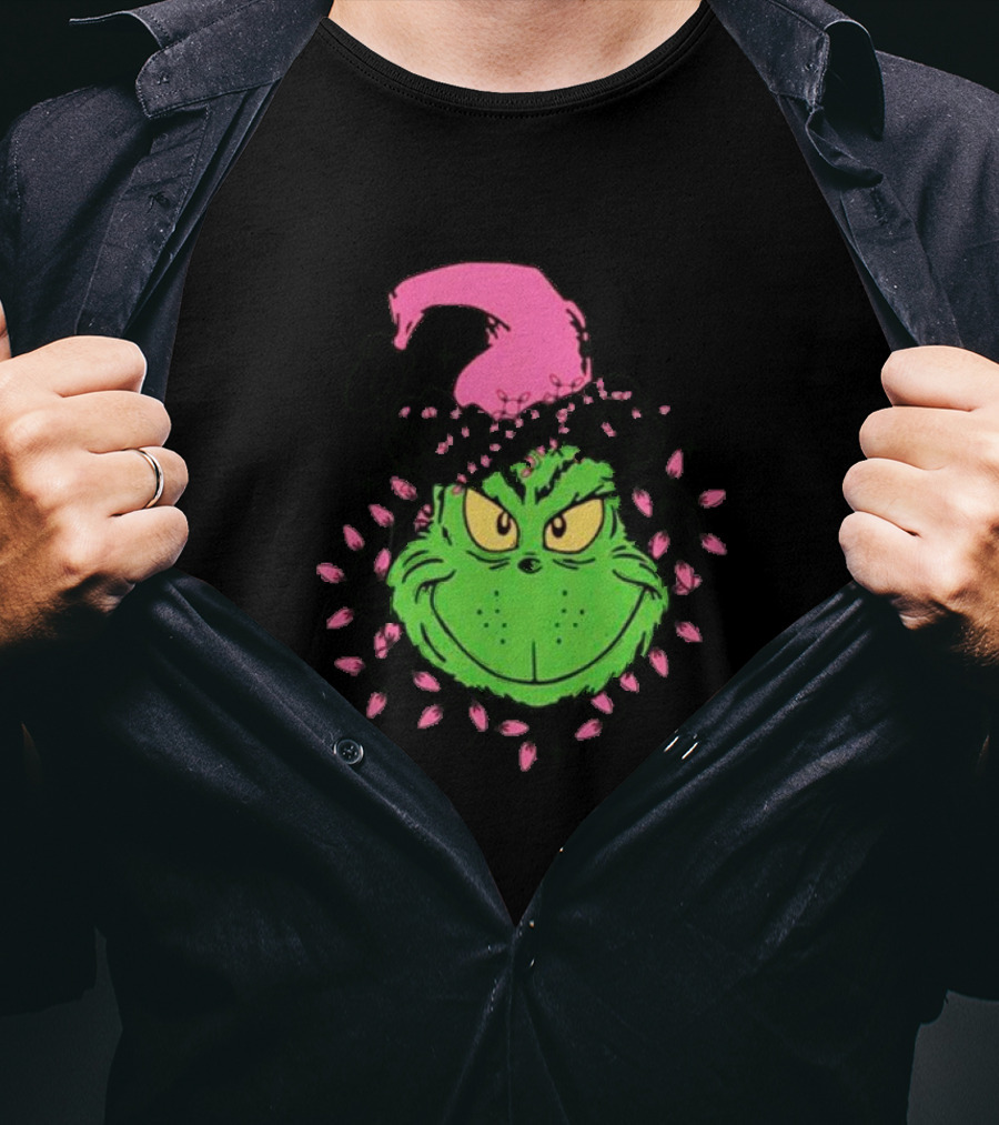 Grinch In Pink Santa Hat With Pink Christmas Lights T-Shirt