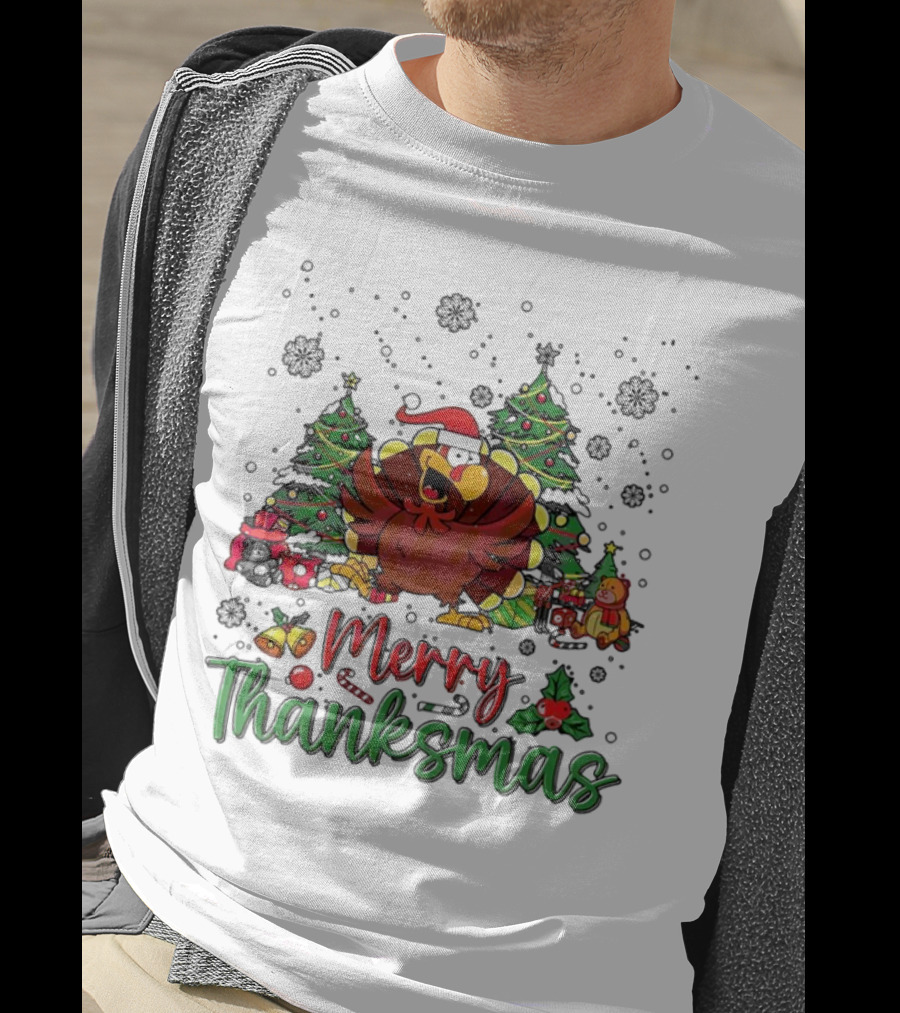Merry Thanksmas Funny Turkey Santa Hat Christmas Trees T-Shirt