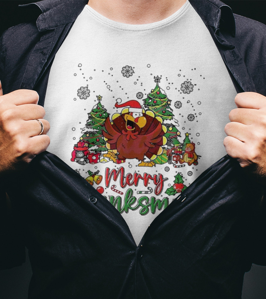 Merry Thanksmas Funny Turkey Santa Hat Christmas Trees T-Shirt