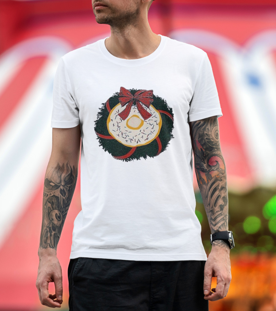 Gibson's Donuts Christmas Holiday Wreath with Red Bow and Donut Sprinkles T-Shirt