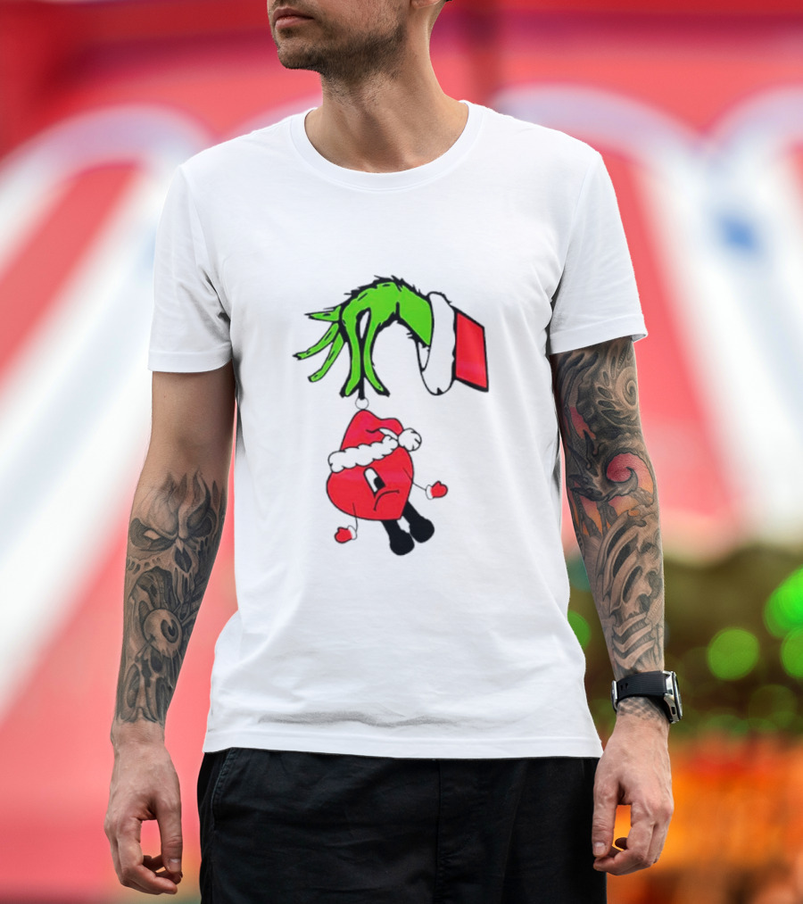 Grinch Hand Bad Bunny Santa Hat Christmas T-Shirt