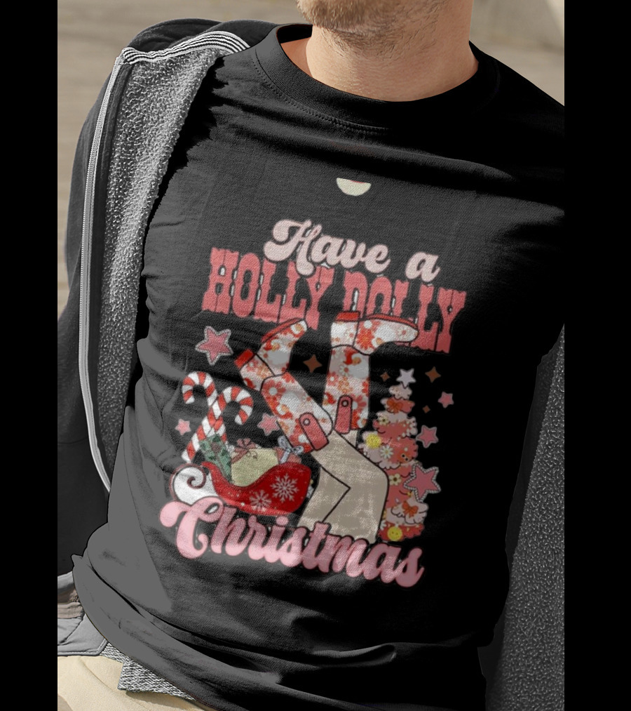 Have A Holly Dolly Christmas Sleigh Candy Canes And Stars T-Shirt