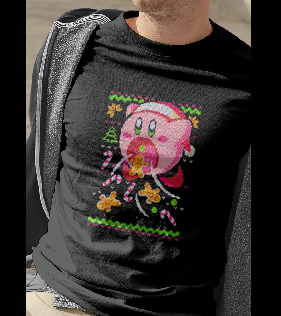 Kirby Santa Hat Eating Gingerbread Candy Canes Holiday T-Shirt