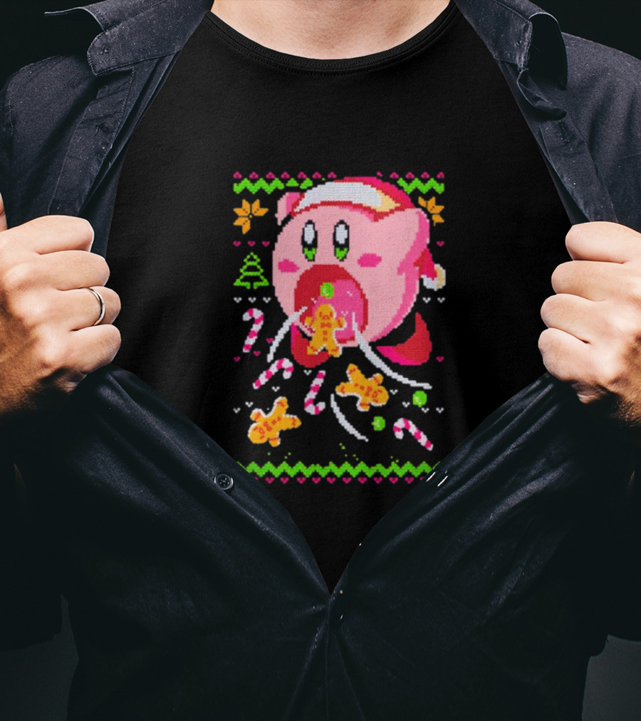 Kirby Santa Hat Eating Gingerbread Candy Canes Holiday T-Shirt