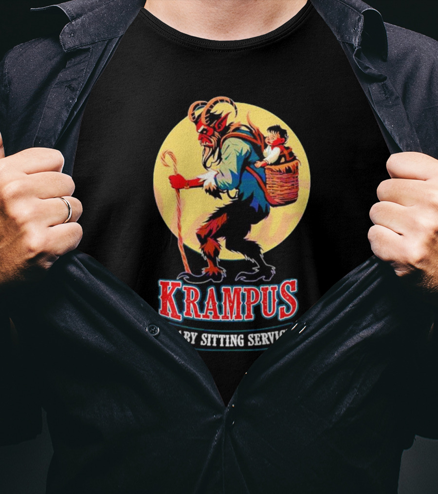 Krampus Baby Sitting Service Horror Christmas Monster Carrying Child T-Shirt