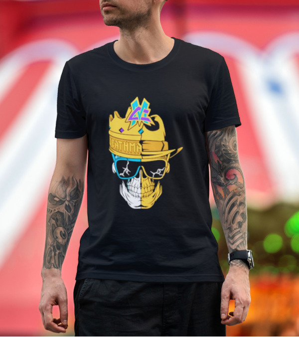 Premium T-Shirt: Matt Cardona Deathmatch God Crowned Skull with Sunglasses and Crown Split T-Shirt Matt Cardona Deathmatch God Crowned Skull with Sunglasses and Crown Split T-Shirt