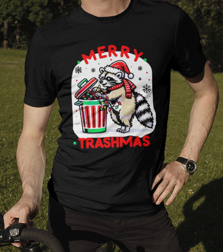 Merry Trashmas Raccoon Santa With Christmas Lights T-Shirt