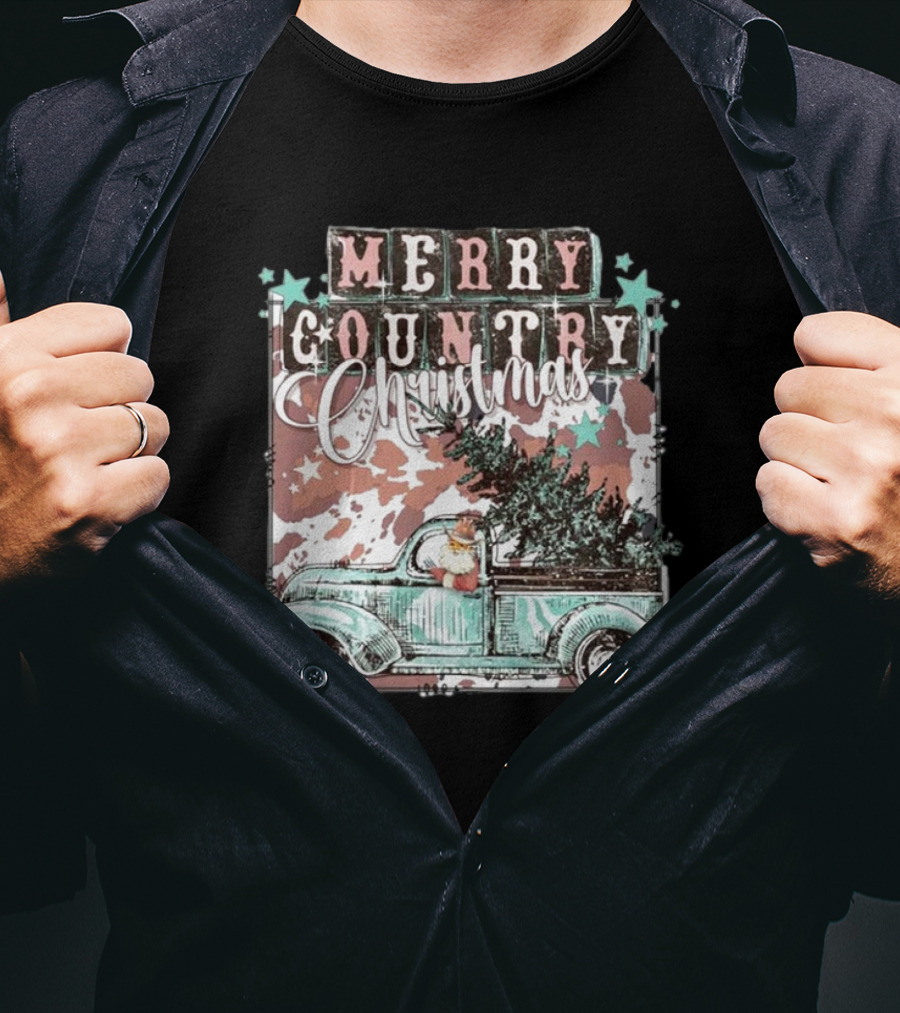 Merry Country Christmas Santa Truck With Tree T-Shirt
