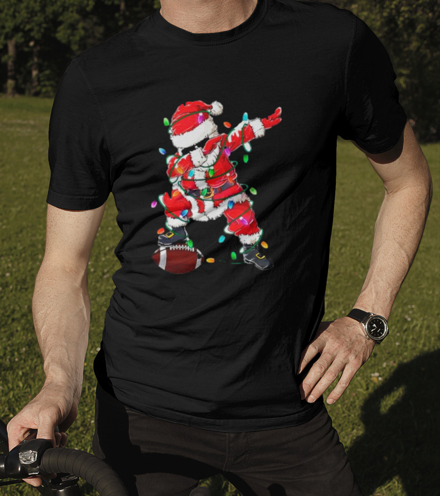 Santa Dabbing With Christmas Lights And Football T-Shirt
