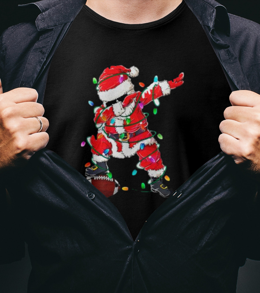 Santa Dabbing With Christmas Lights And Football T-Shirt