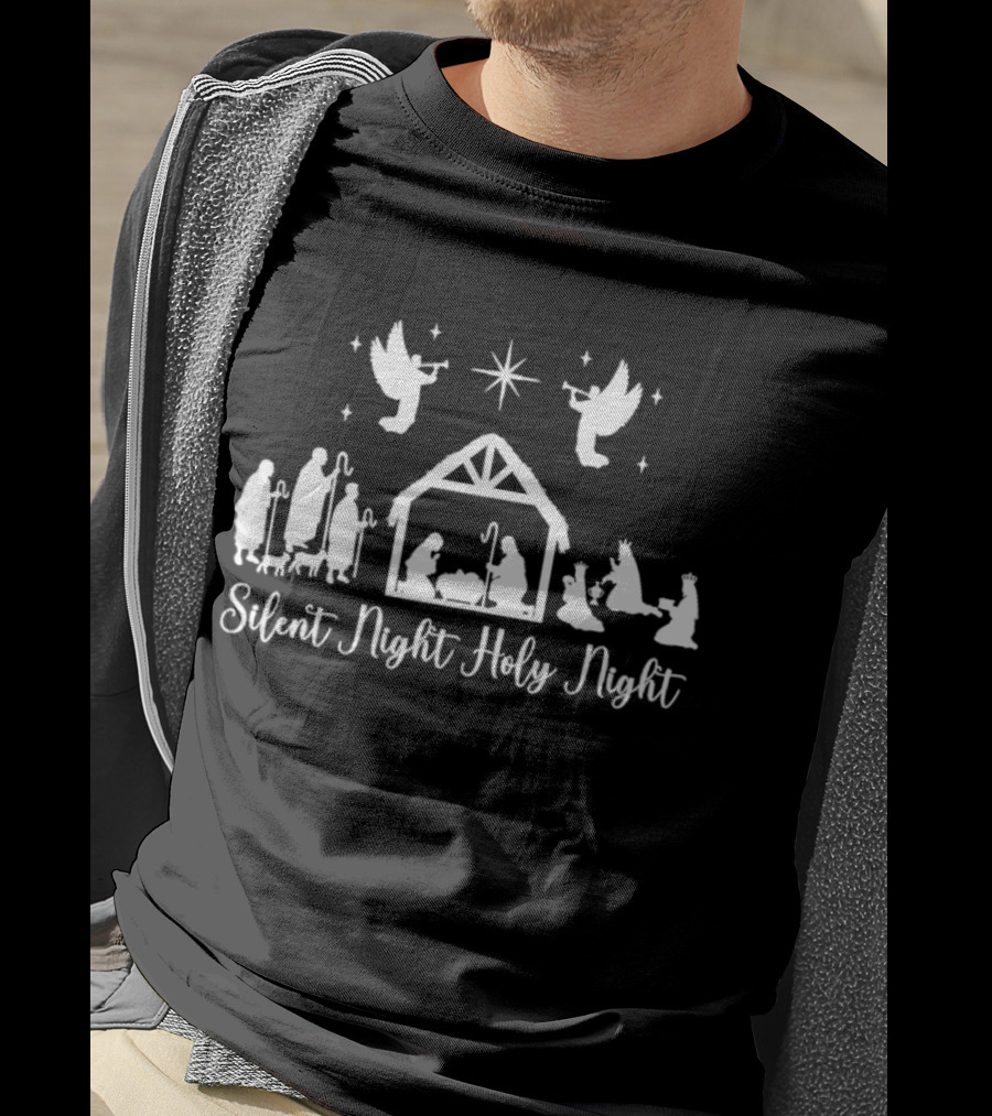 Silent Night Holy Night Nativity Scene With Angels And Star T-Shirt