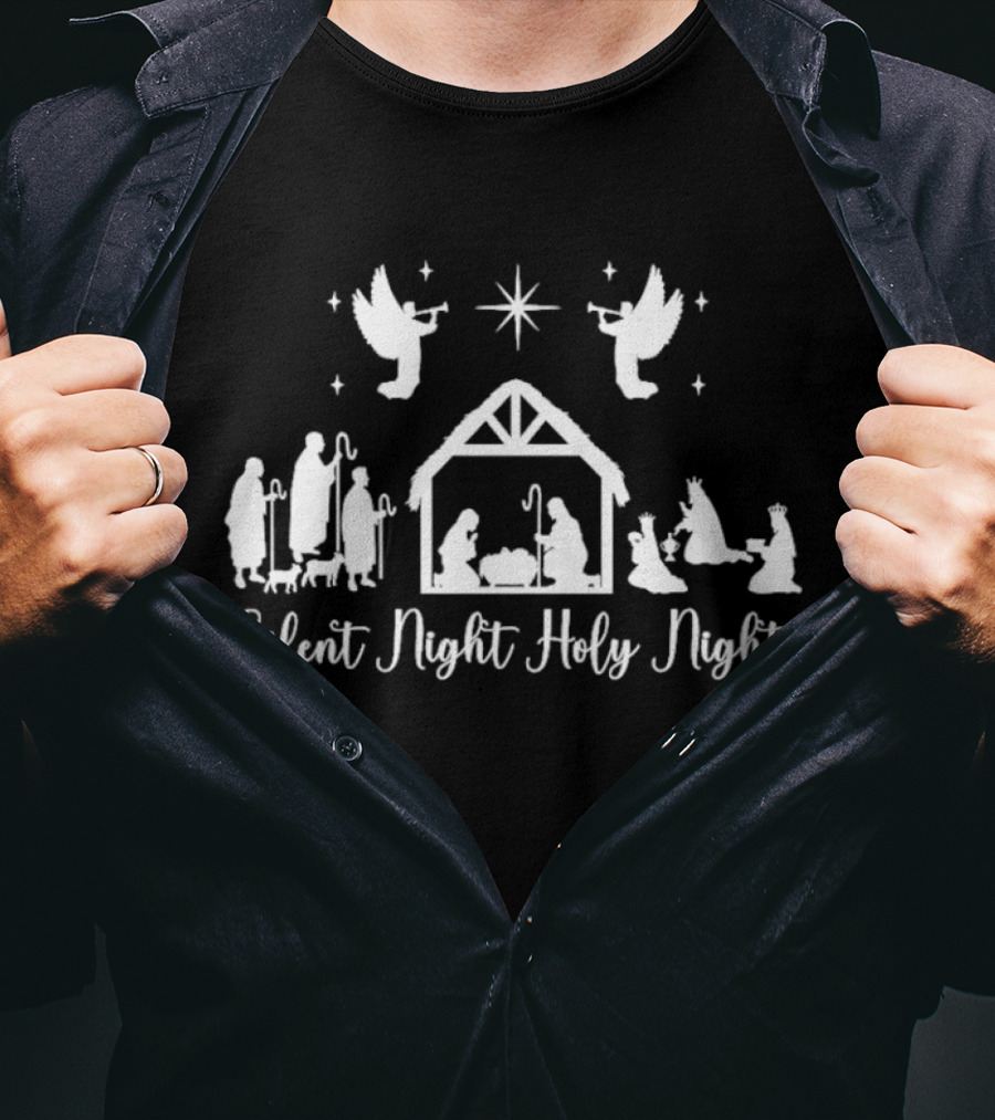 Silent Night Holy Night Nativity Scene With Angels And Star T-Shirt