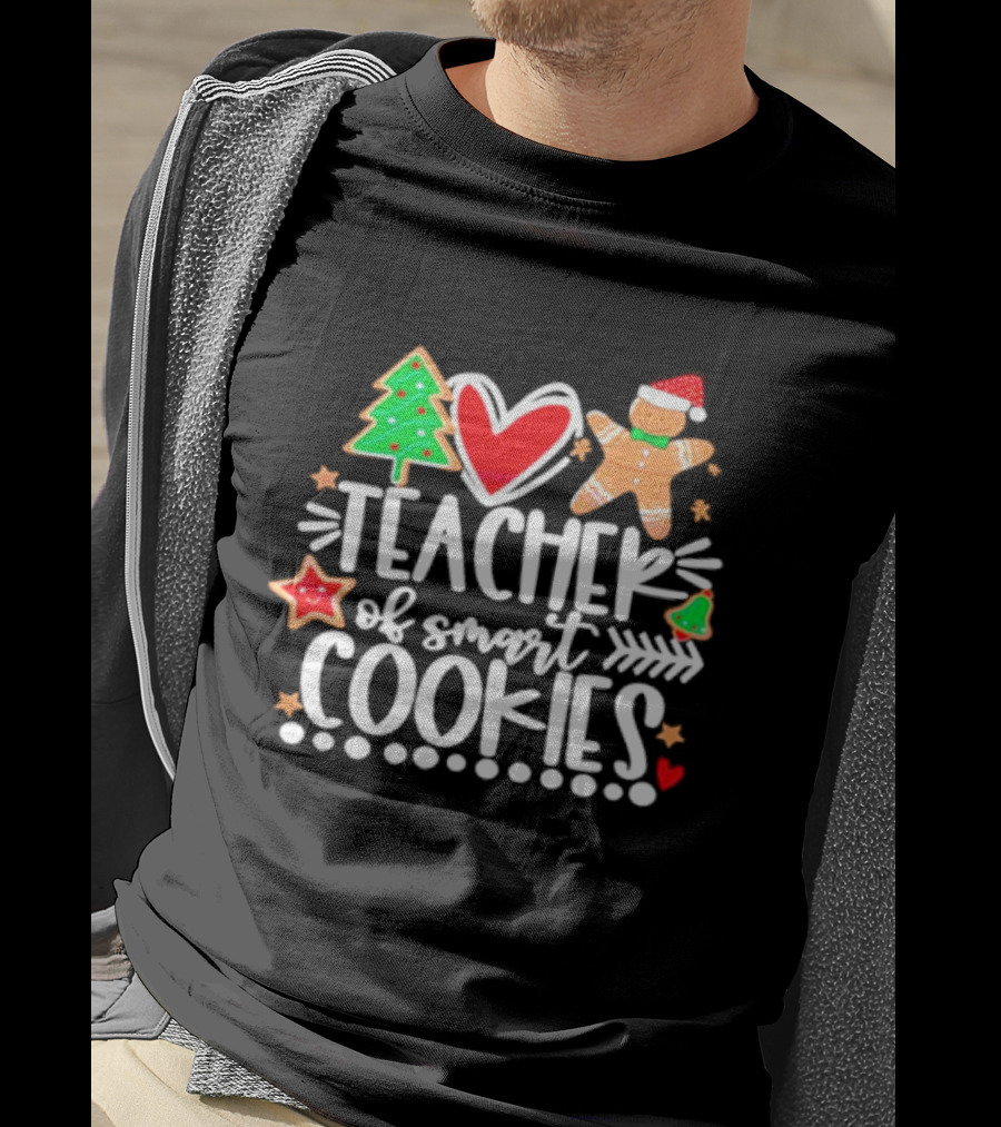 Teacher Of Smart Cookies Christmas Tree Gingerbread Heart Stars T-Shirt