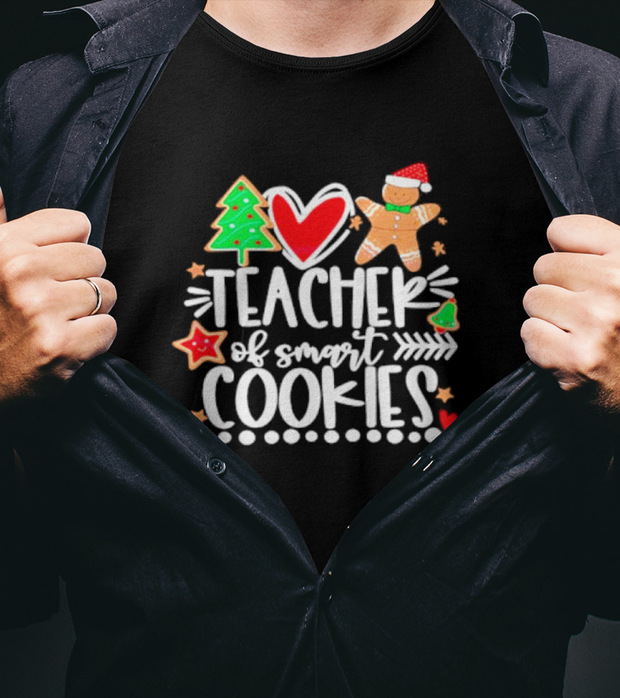 Teacher Of Smart Cookies Christmas Tree Gingerbread Heart Stars T-Shirt