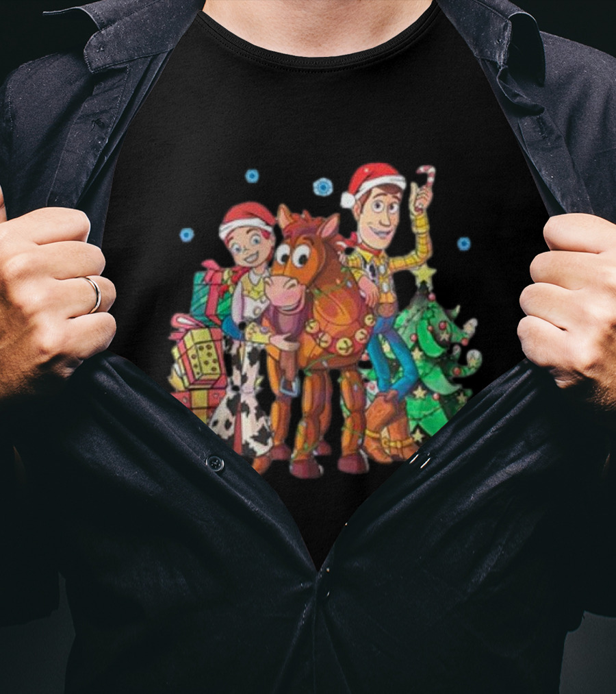 Toy Story Christmas Jessie Woody Bullseye Santa Hats Presents Christmas Tree T-Shirt