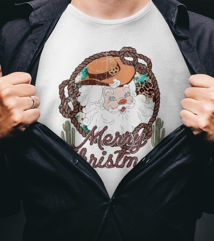 Merry Christmas Western Santa Cactus Rope Cowboy Hat T-Shirt
