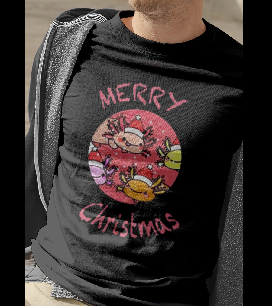 Merry Christmas Axolotl With Santa Hat T-Shirt
