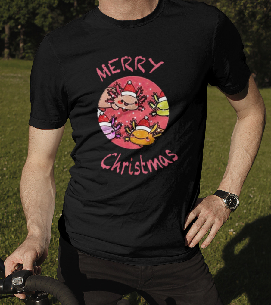 Merry Christmas Axolotl With Santa Hat T-Shirt