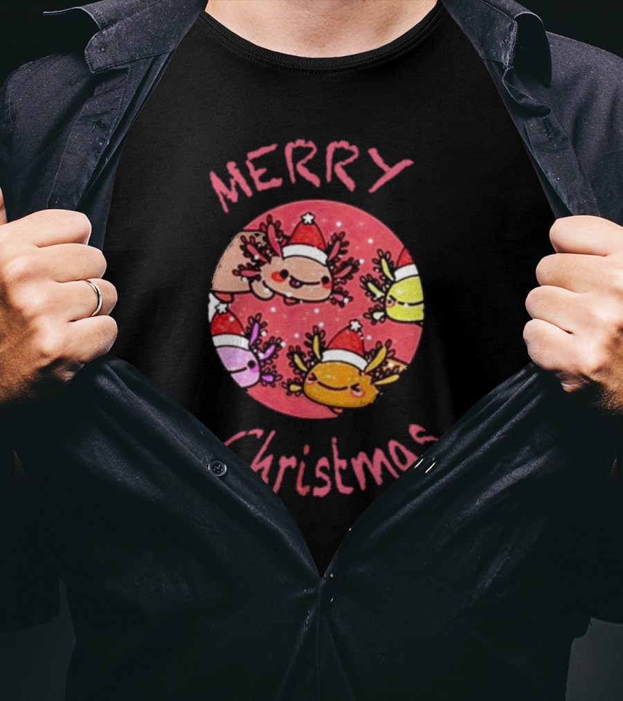 Merry Christmas Axolotl With Santa Hat T-Shirt
