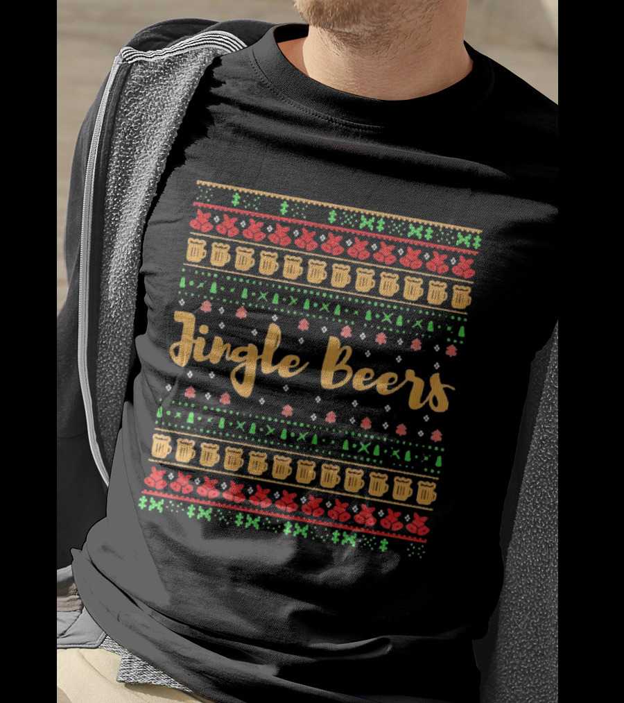 Jingle Beers Christmas Sweater Pattern With Beer Mugs And Holiday Decorations T-Shirt