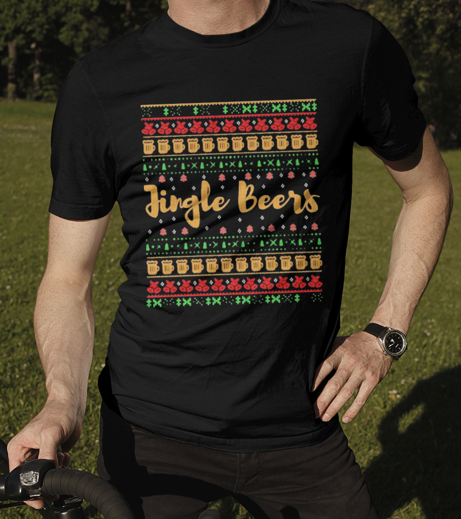 Jingle Beers Christmas Sweater Pattern With Beer Mugs And Holiday Decorations T-Shirt