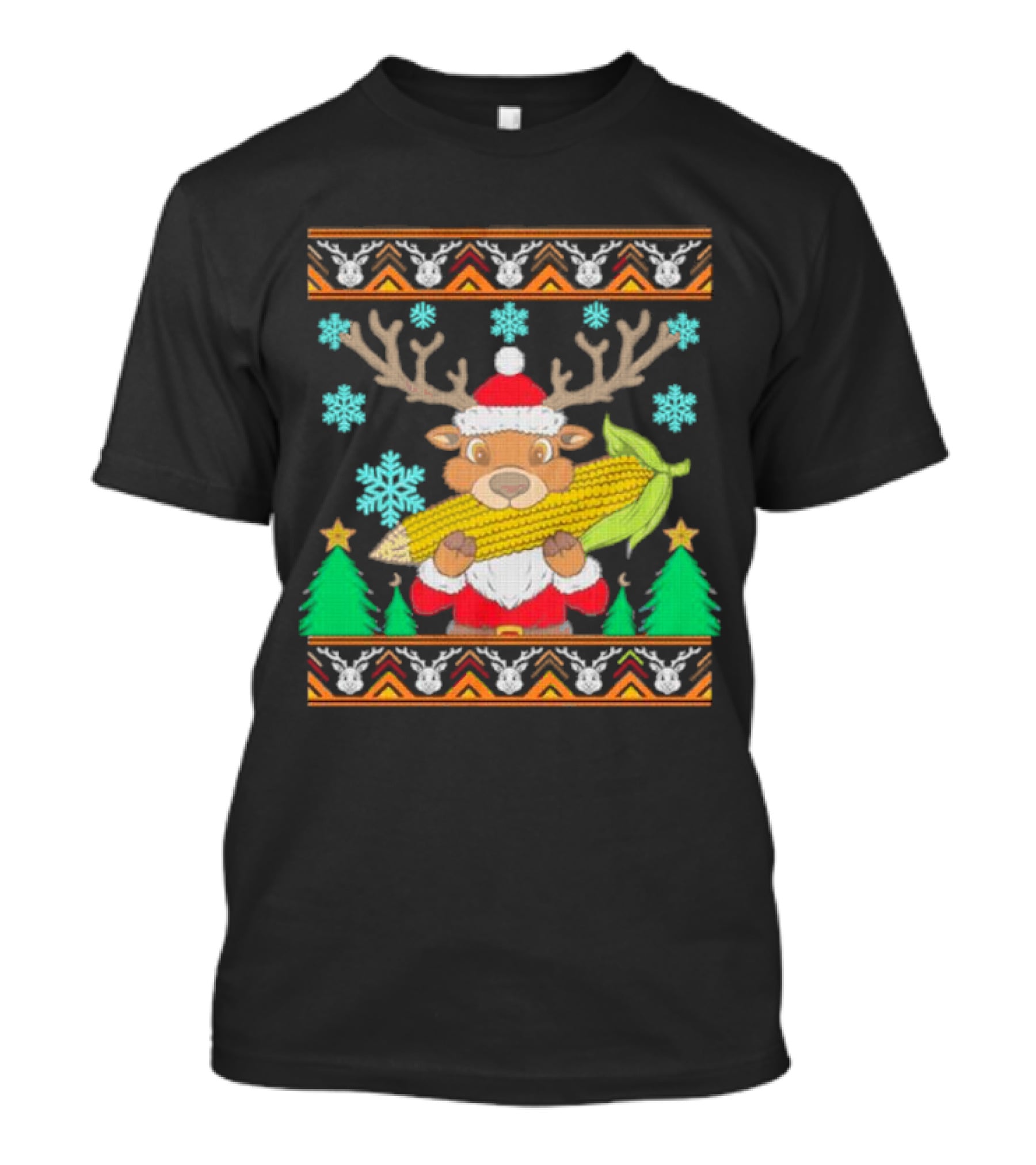 Reindeer Holding Corn With Snowflakes And Trees Christmas T-Shirt
