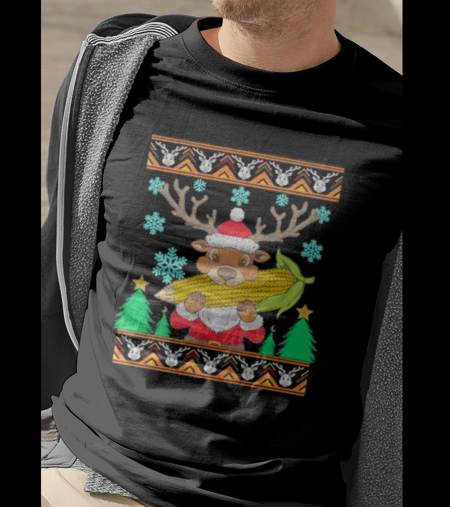 Reindeer Holding Corn With Snowflakes And Trees Christmas T-Shirt