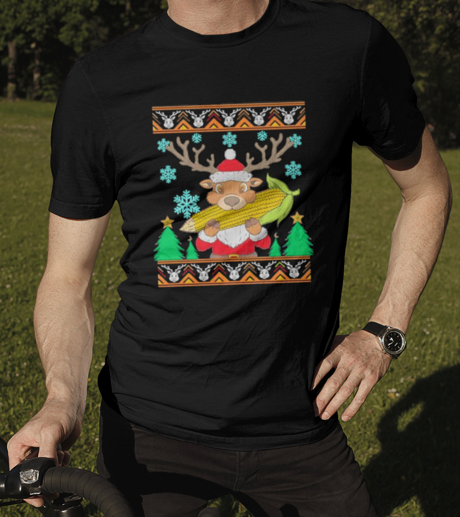 Reindeer Holding Corn With Snowflakes And Trees Christmas T-Shirt