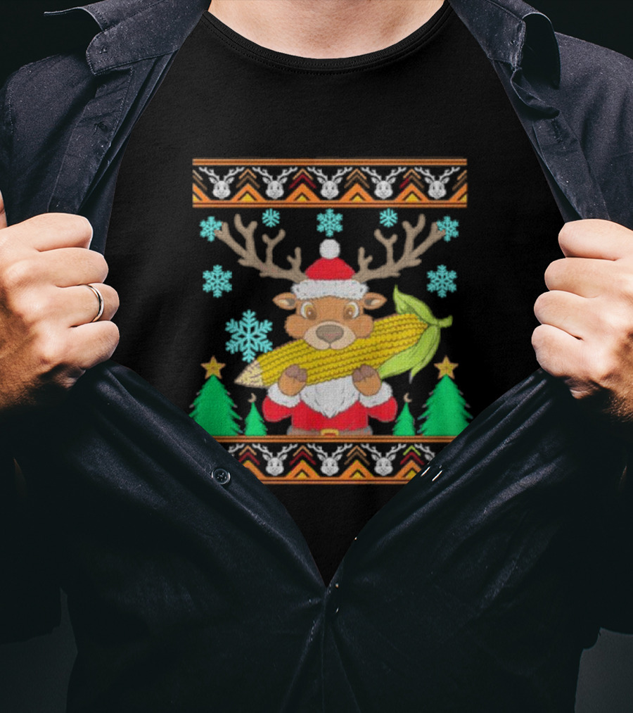 Reindeer Holding Corn With Snowflakes And Trees Christmas T-Shirt