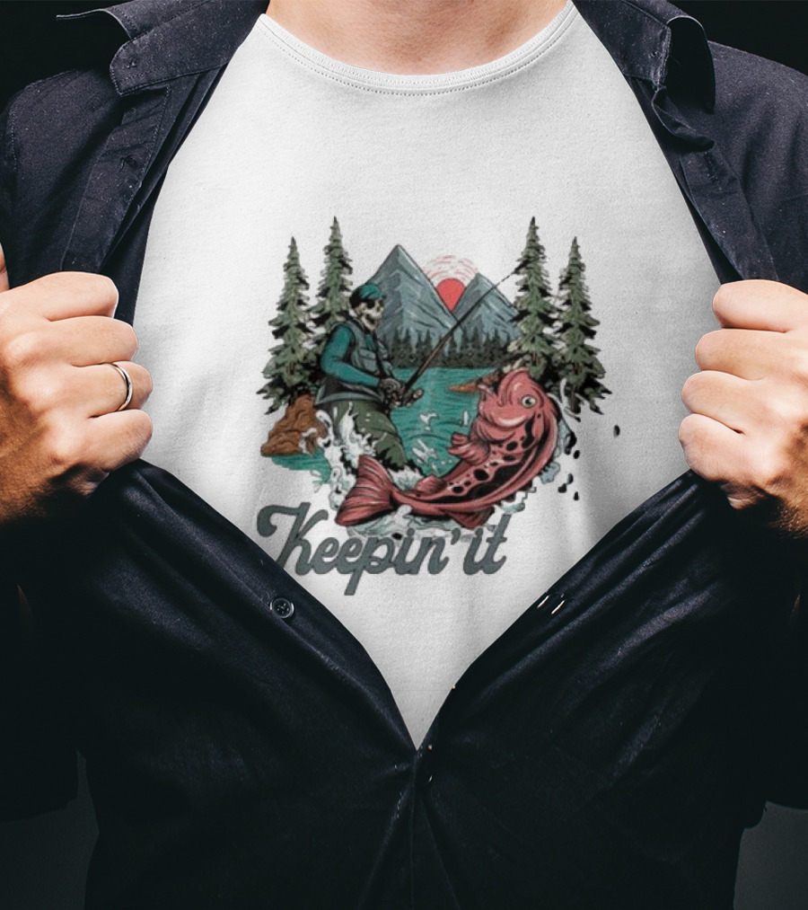 Keepin' It Reel Skeleton Fishing Adventure With Giant Fish And Mountain Lake Scene T-Shirt