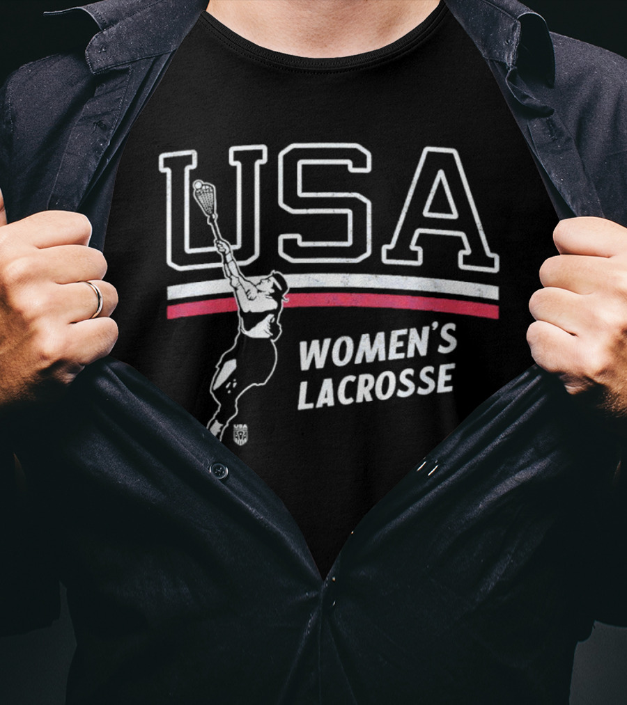 USA Women's Lacrosse Athletic Graphic With Player And Red White Stripes T-Shirt