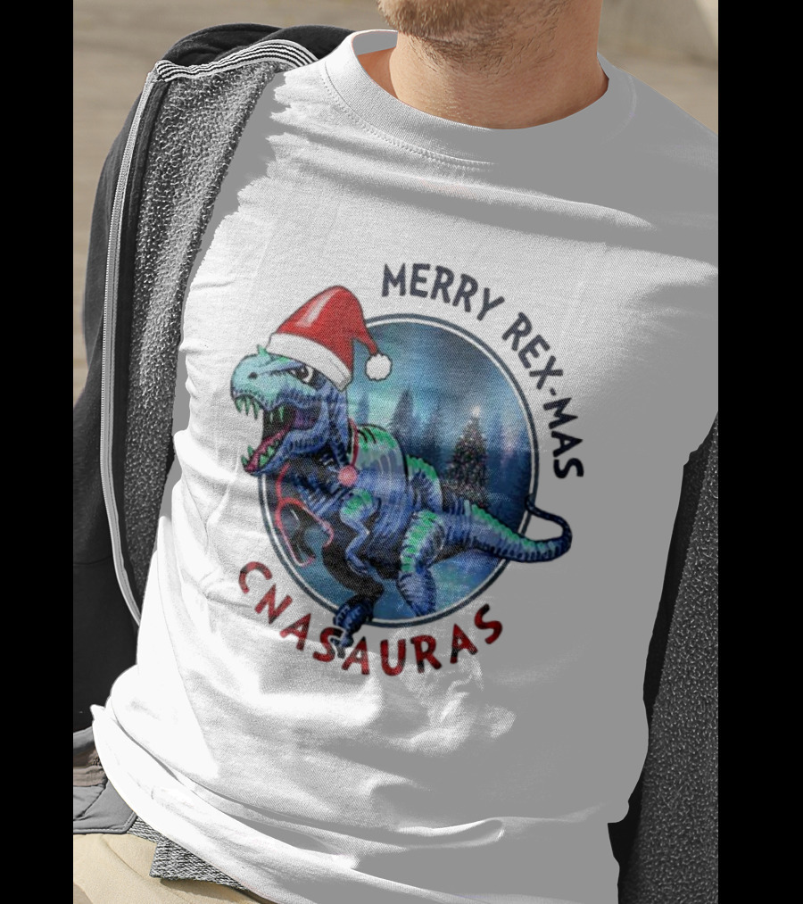 Merry Rex-mas CNAauras Santa Hat Dinosaur Christmas Tree Forest T-Shirt