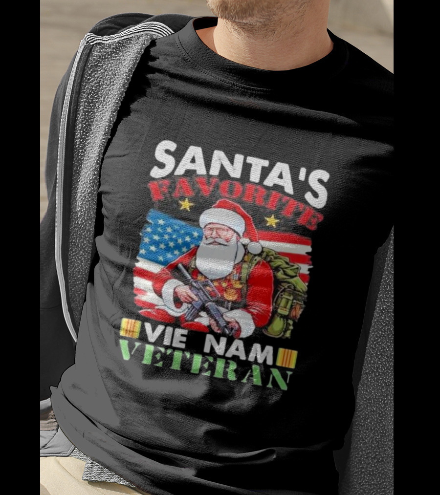 Santa's Favorite Vietnam Veteran With American Flag And Santa Claus Holding Military Gear T-Shirt
