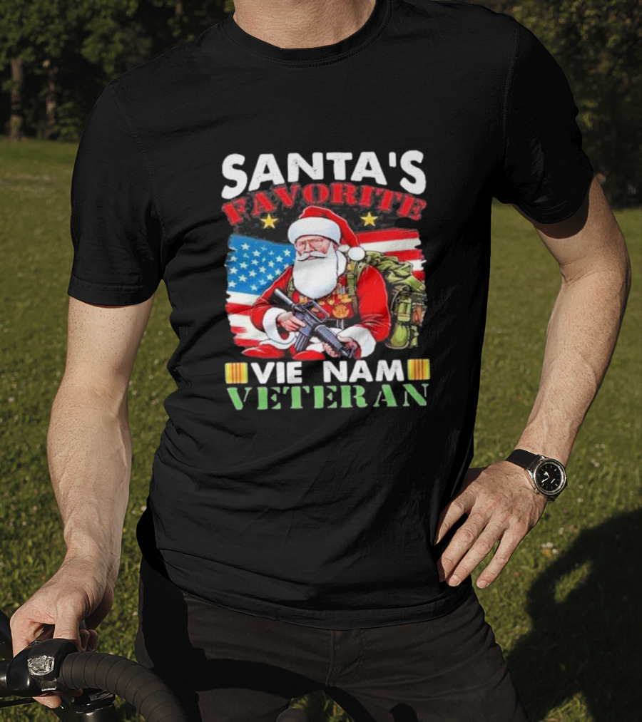 Santa's Favorite Vietnam Veteran With American Flag And Santa Claus Holding Military Gear T-Shirt