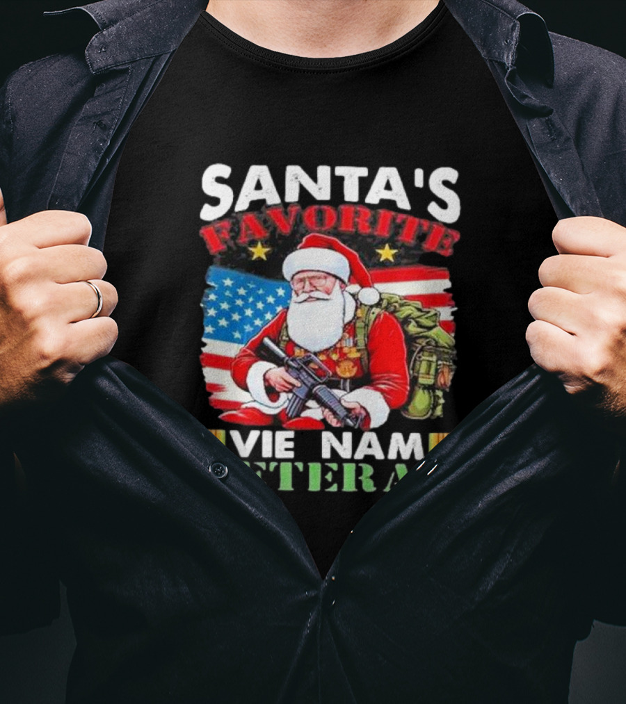 Santa's Favorite Vietnam Veteran With American Flag And Santa Claus Holding Military Gear T-Shirt