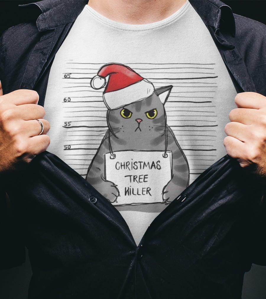 Grumpy Festive Cat With Santa Hat And Mischievous Look T-Shirt