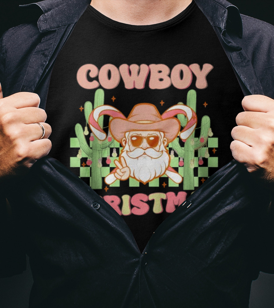 Cowboy Christmas Santa With Candy Cane And Cactus T-Shirt