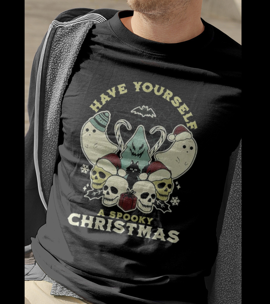 Have Yourself A Spooky Christmas With Ghosts Skulls And Bat T-Shirt