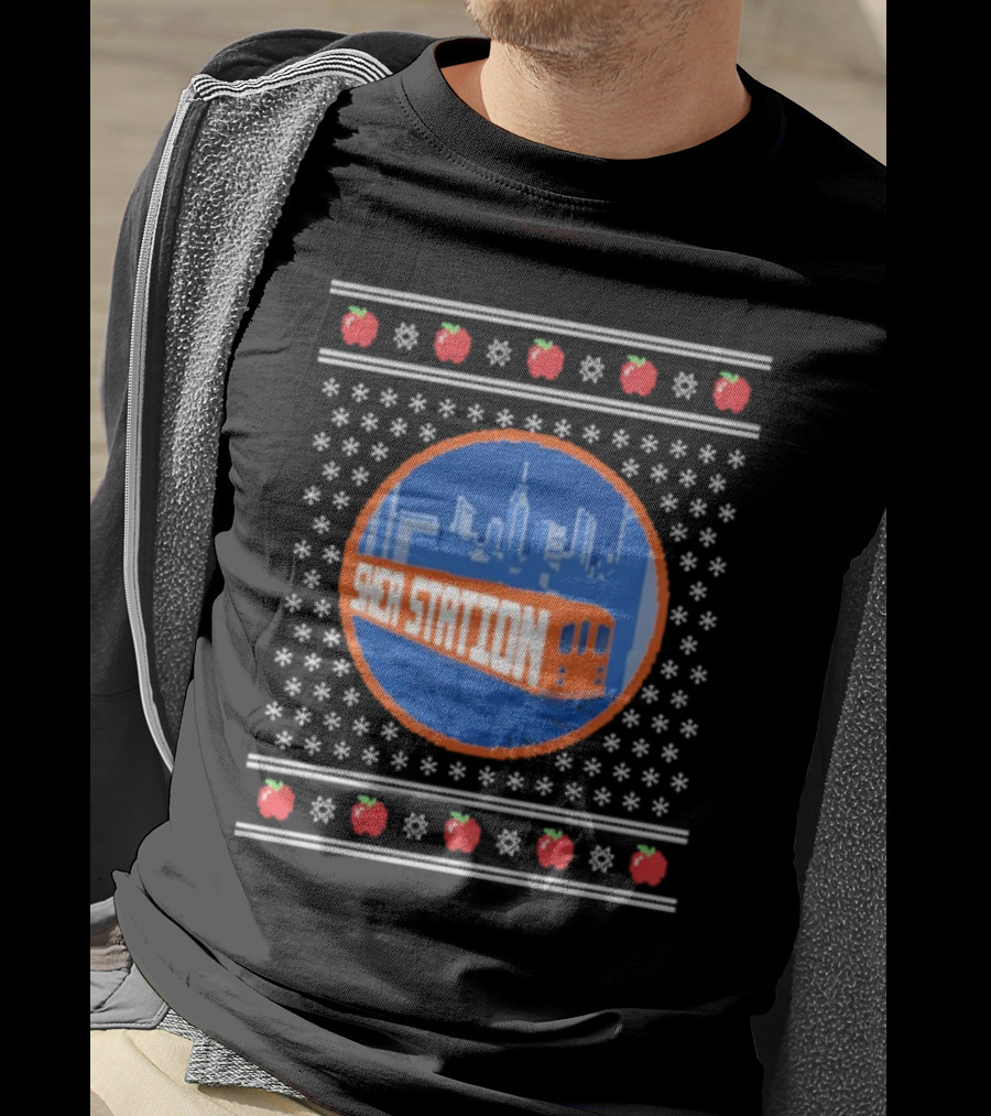 Shea Station New York Skyline Subway Snowflakes Apples T-Shirt