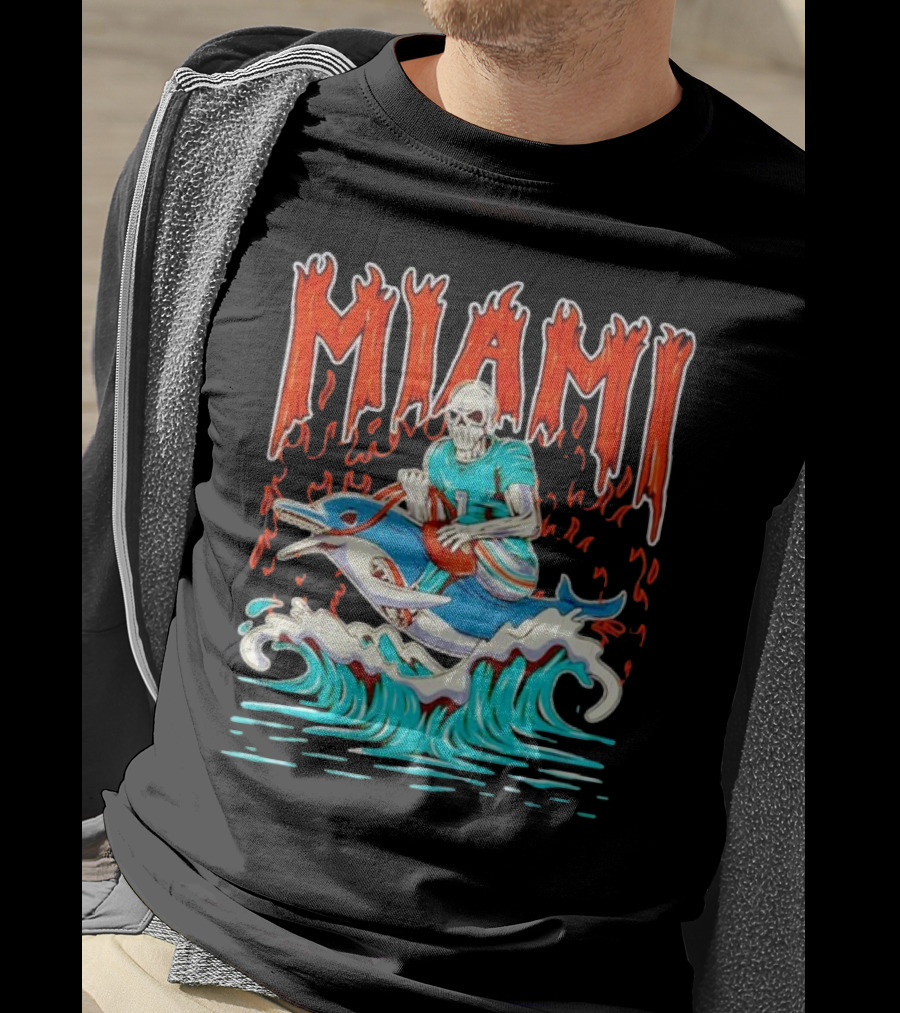 MIAMI Skeleton Riding Dolphin With Football And Flames T-Shirt